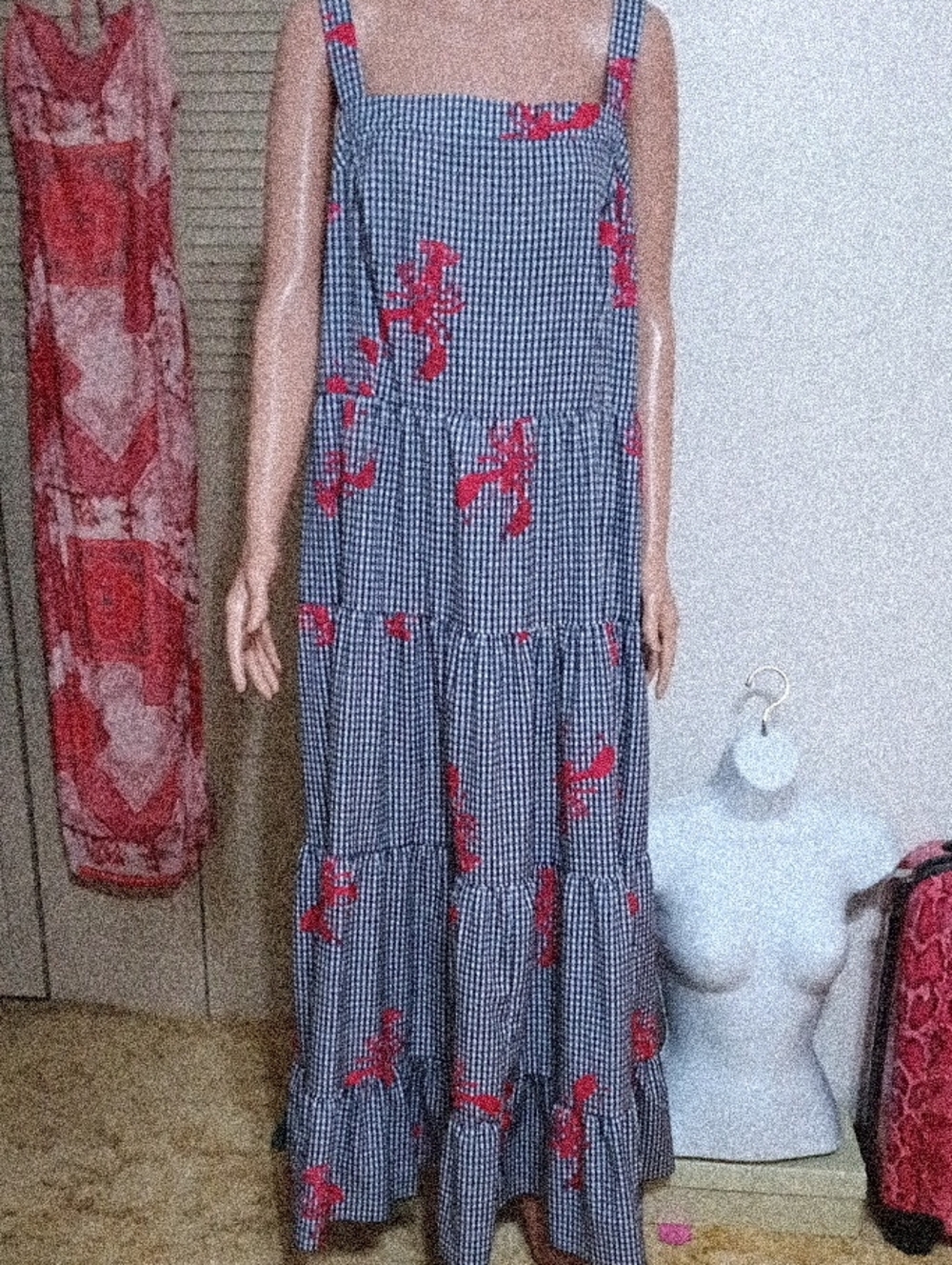 SHEIN Navy-and-White Gingham Maxi Dress with Red Lobster Accents